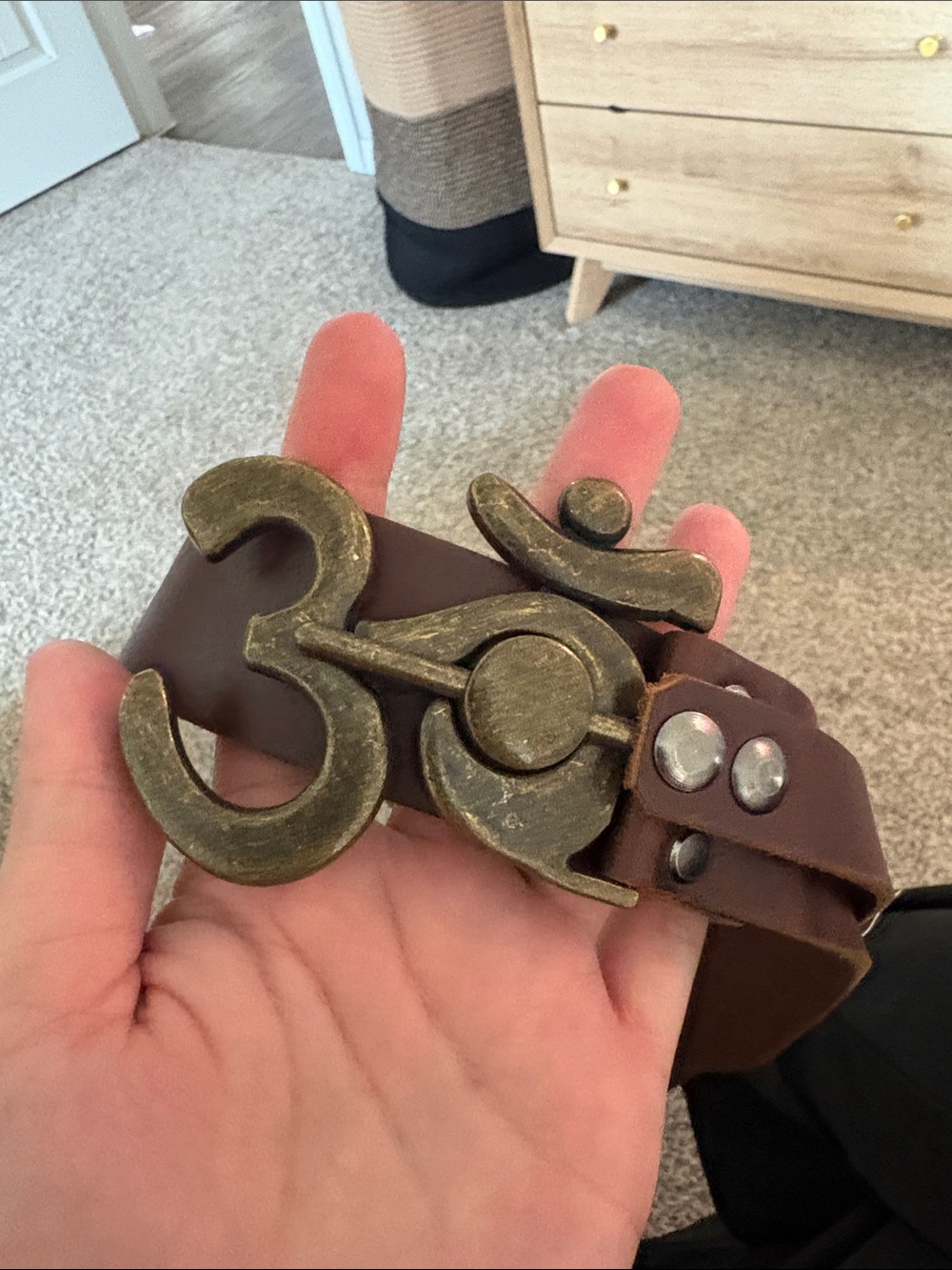 OM symbol-Brown Leather Belt with Antiqued Brass Statement Buckle - Picture 3 of 5